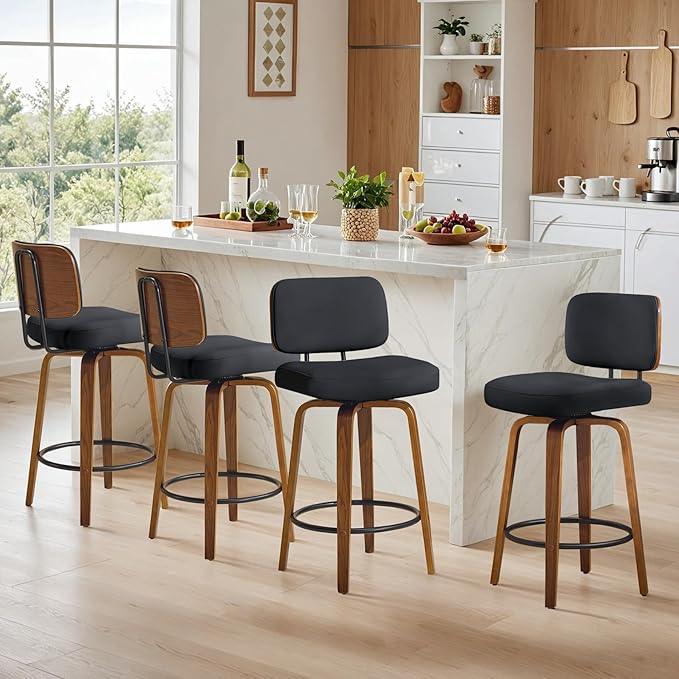 Counter Height Bar Stools Set of 4, 26+inch Swivel Faux Leather Barstool with Back, Upholstered Mid-Century Modern Bar Chairs with Bent Wood Legs for Kitchen Counter, Dining Room, Black