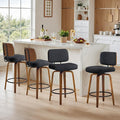 Counter Height Bar Stools Set of 4, 26+inch Swivel Faux Leather Barstool with Back, Upholstered Mid-Century Modern Bar Chairs with Bent Wood Legs for Kitchen Counter, Dining Room, Black