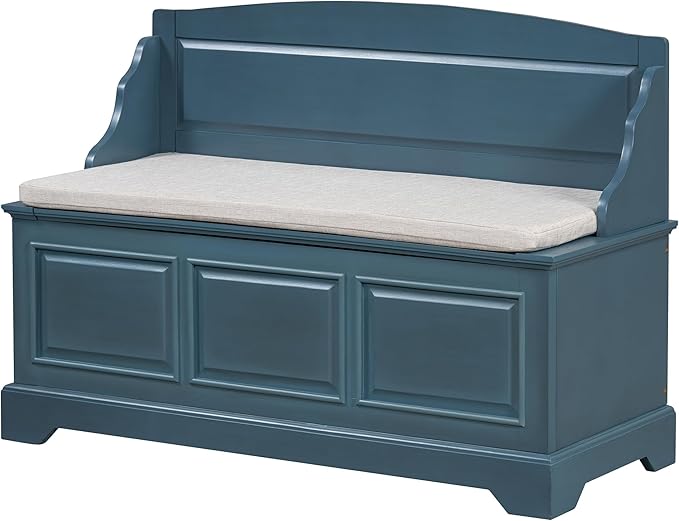 LUMISOL Shoe Storage Bench with Cushion, 41.7” Farmhouse Entryway Bench with Soft-Close Devices and Hidden Storage, Upholstered Storage Ottoman for Living Room, Entryway, Bedroom, Antique Navy