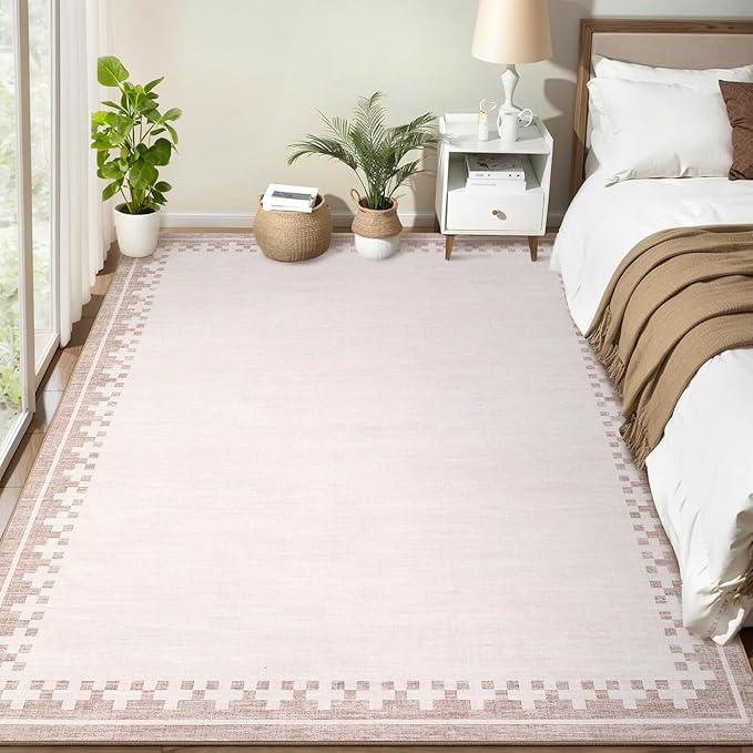 GarveeHome Washable Rug 4x6 for Living Room Entryway Nursery Modern Non Slip Low Pile Carpet Cross Bordered Neutral Indoor Area Rugs for Dining Room Kitchen Floor, Light Camel/Seashell