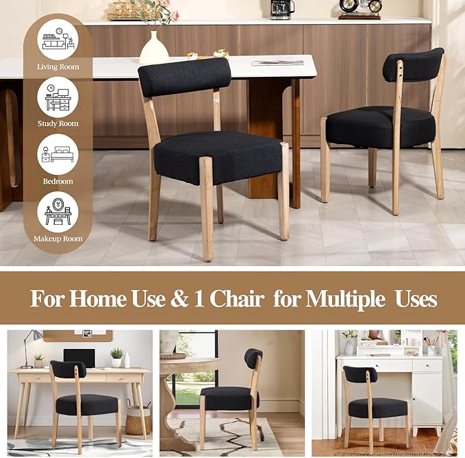 ZJhome Dining Chairs,Set of 2 Mid-Century Modern Wooden Kitchen Chairs with Linen Upholstery - Low-Back Woven Design for Kitchen & Dining Room,Black Fabric