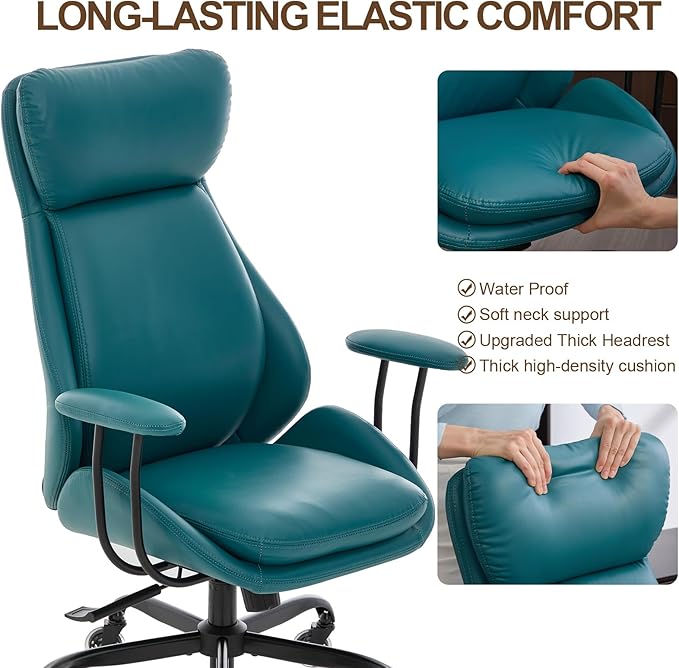 E-Motie Office Chair, Leather Desk Chair with Rubber Wheels, Ergonomic Computer Chair 500 LBS with Lumbar Support, High Back Executive Chair for Modern Home Office, Green