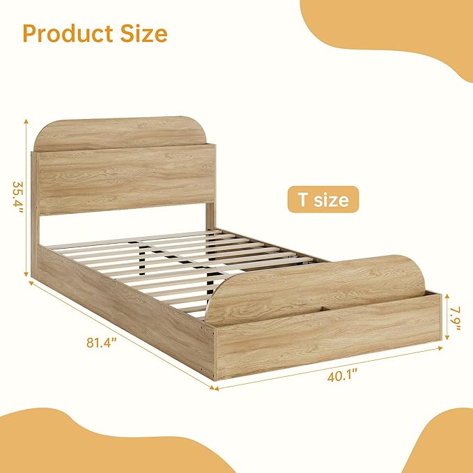 GarveeHome Twin XL Size Bed Frame, Wooden Beds with Storage Headboard and Raised-Foodboard, Twin XL-Floor Low Platform Bed for Bedroom, Sturdy Wooden Slats Support, No Box Spring Needed, Natural