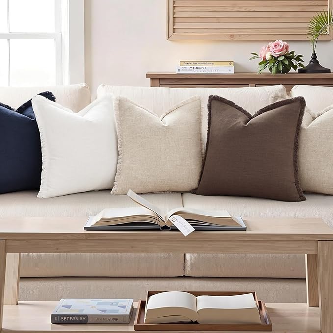 decorUhome Summer Decorative Neutral Linen Fringe Throw Pillow Covers Set of 2 Navy Blue Pillow Covers with Tassels Soft Farmhouse Boho Accent Pillow Cases for Couch Bed Sofa 20x20 Inch