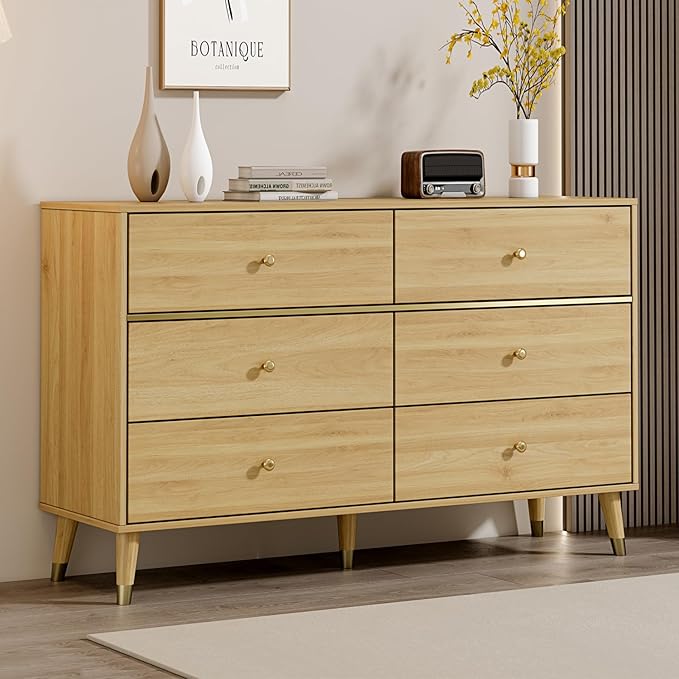 Chrangmay 6 Drawer Dresser,47" Wide Mid Century Modern Chest of Drawers,Wooden Bedroom Drawer Dresser with 6 Storage Drawers for Bedroom,Living Room,with Anti-Tipping Device,Wood