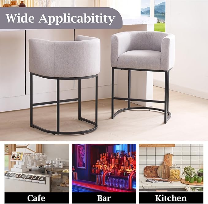 ClinQ 26" H Counter Height Bar Stools Set of 4, Modern Barrel Counter Stools with Backrest and Arms, Black Metal Frames, Linen Fabric Upholstered Accent Barstools for Kitchen Island, Light Grey