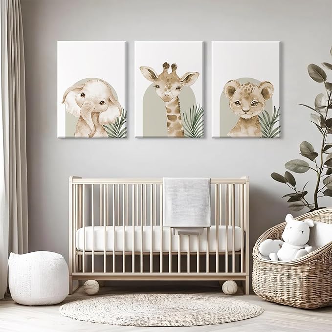 Nursery Animal Wall Art Decor Safari Jungle Nursery Pictures Baby Boy Room Canvas Wall Decor Woodland Animals Prints Safari Giraffe Artwork for Boys Kids Bedroom 12x16 Inch Wrapped Canvas Set of 3