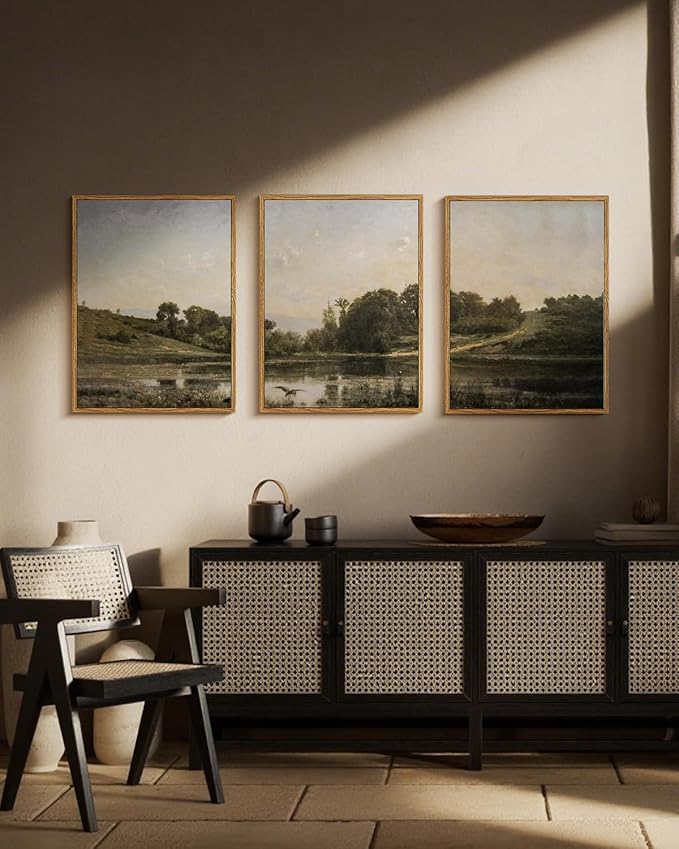 Vintage Framed Landscape Wall Art Set of 3 12x16 Countryside Lake Canvas Painting, Rustic Tranquil Hillside Meadow Views Nature Scenery Print, Classic Pastoral Living Room Bedroom Farmhouse Decor