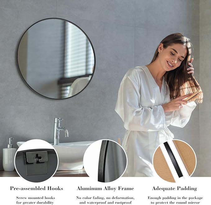 Sweetcrispy 24 Inch Round Wall Mirror with Tempered Glass, Bathroom Mirror Over Sink, Anti-Fog & Waterproof Round Mirror for Bathroom, Entryway, Bedroom, Shatterproof Design, Black