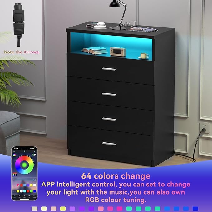 FJTJBSI Dresser with Power Outlets and LED Lights Wooden 4 Drawer Dresser with Large Organizer Tall Black Drawer for Bedroom Modern Chest of Drawers Closet for Living Room Kids Room