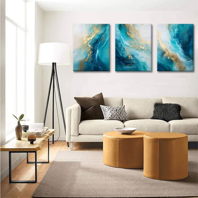 Teal Gold Canvas Wall Art Set of 3 Abstract Aqua Blue Gold Marble Fluid Wall Decor Pictures Neutral Modern Minimalist Posters Prints for Living Room Bedroom Home Decoration 12x16in