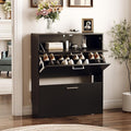 VINGLI Black Shoe Cabinet for Entryway, Modern Slim Shoe Rack Storage with 3 Flip Drawers, Narrow Free Standing Sneaker Organizer for Hallway, 9.5" Depth, Matte Black Finish