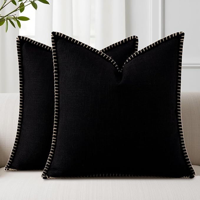 decorUhome Summer Decorative Throw Pillow Covers 18x18 Set of 2 Square Faux Linen Outdoor Neutral Farmhouse Pillow Covers with Stitched Edge for Couch Sofa Living Room, Black