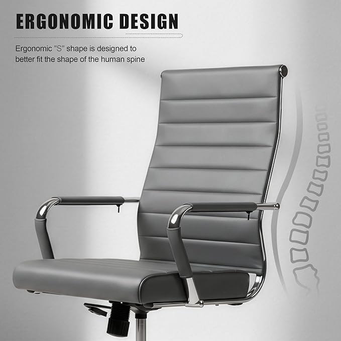 Okeysen Grey Office Desk Chair, Ergonomic Leather Modern Conference Room Chairs, Executive Ribbed Adjustable Swivel Rolling Chair for Home Office.