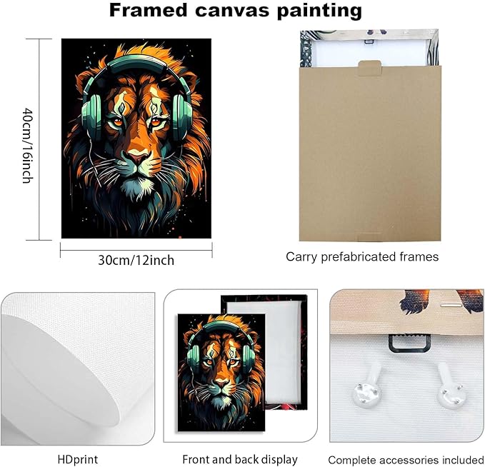 3 Piece Framed Canvas Wall Art, Modern Animal DJ Wall Decor with Lion, Monkey and Wolf, Colorful Pop Art Artwork for Living Room Bedroom Office Gaming Room, 12x16 Inch
