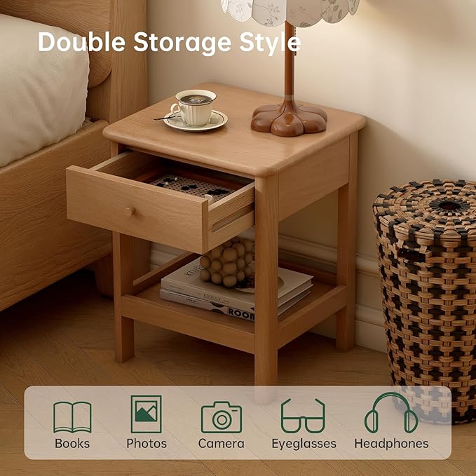 Wood Side Table Set of 2, Small Wooden Bedside Table with Drawer and Open Storage, Wooden Night Stand for Bedroom, Living Room, Natural, 18.5" H