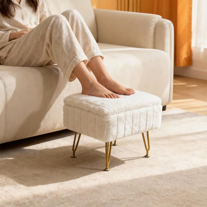ACEQLYT® Small Foot Stool, Small Ottoman with Storage, White Furry Footstool with Soft Padded Seat & Gold Metal Leg