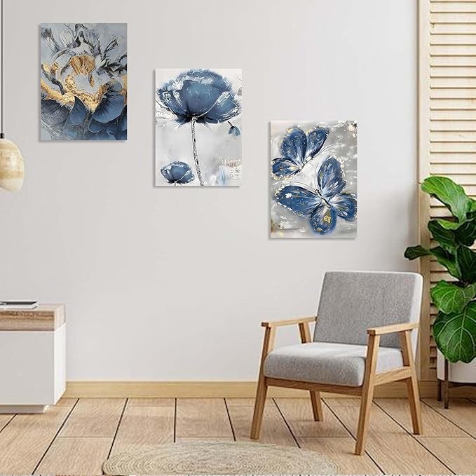 3 Piece Wall Art Framed Canvas Wall Art Blue and Gold Butterfly and Flower Pictures Wall Decor for Living Room Bedroom Bathroom Office – Ready to Hang with Hooks and Nails, 12x16 Inch
