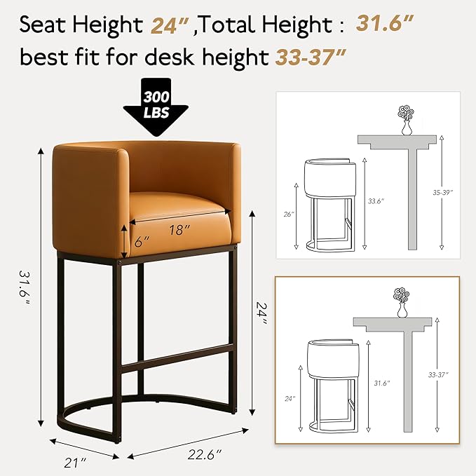 Modern Counter Height Bar Stools,Bar Stools Set of 4,PU Leather Upholstered Barrel Barstools with Backs,24'' Kitchen Island Chairs,Metal Black Frames,Camel Brown Leather