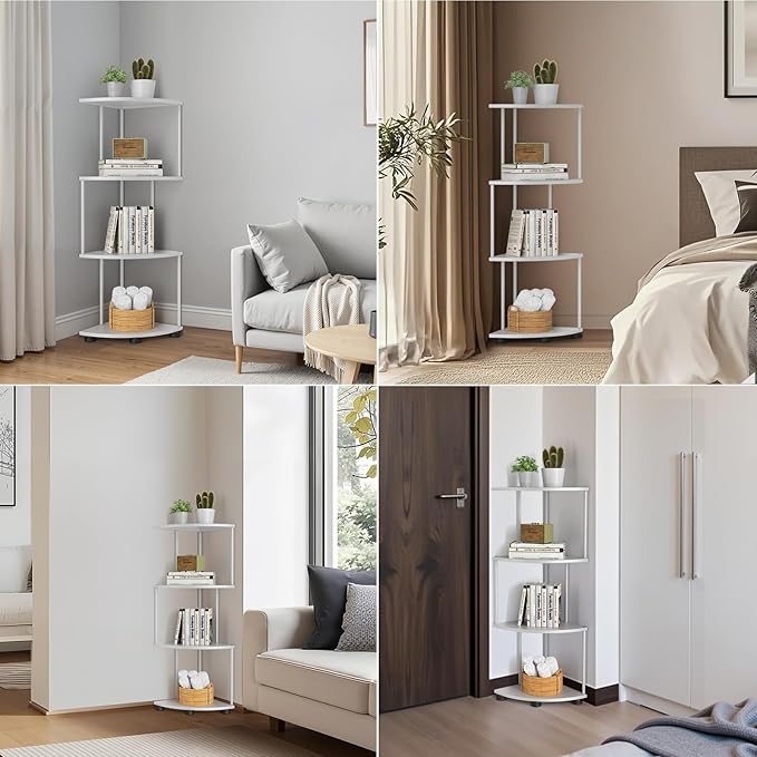 haomsj Metal Corner Shelf Stand 4 Tier 41",Sturdy Baking Paint Process Corner Shelves Display Shelf for Living Room Decor,Wall Corner Bookshelf Office Small Space (White)