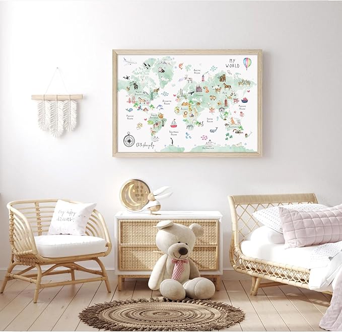 Joocrise Green Kids World Map Wall Art Animal Map Canvas Art Nursery Wall Decor World Map Poster Childrens Room Decor Playroom Prints Educational Artwork 16x24 Inch Wood Frame
