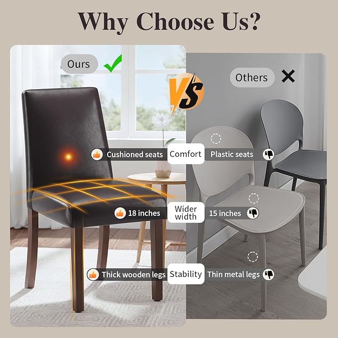 Dining Chairs Set of 6, Modern Dining Room Chairs with Wooden Legs, Faux Leather Upholstered Kitchen Farmhouse Parsons Chairs for Restaurant & Cafe- Dark Brown