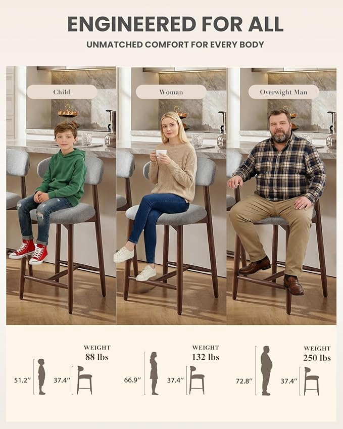 Bar Stools Set of 3, 25.6″ Counter Height Bar Stools with Wood Legs, Upholstered Modern Kitchen Barstools for Kitchen Island Dining Room Bar, Light Grey