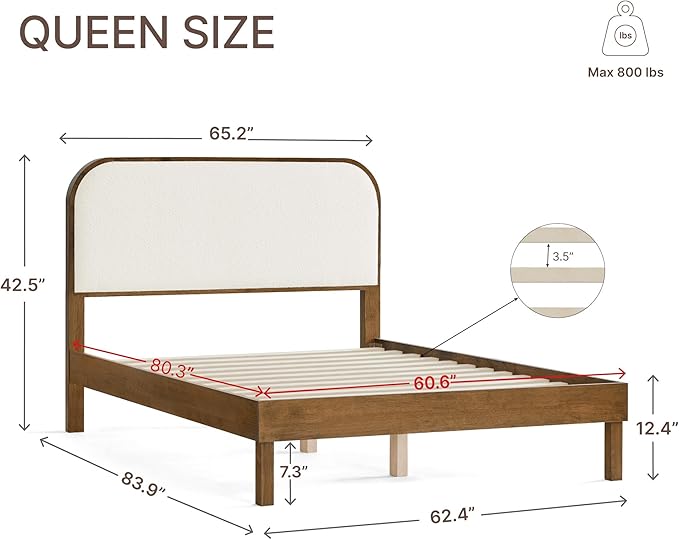 KISLOT Wood Bed Frame with Upholstered Headboard, Mid-Century Boucle Fabric Platform Modern Bed Mattress Foundation Noise-Free No Box Spring Needed Easy Assembly