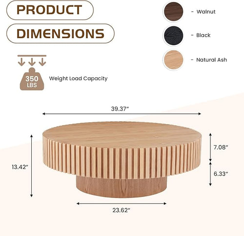 39.4" Oak Round Coffee Table Wood, Modern Drum Fluted Circle Coffee Table for Living Room, Contemporary Low Center Table Side Table for Apartment, Farmhouse, Office, mesa de Cafe, Natural Ash