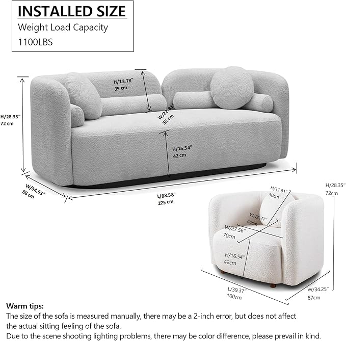 Curved Sofa Set for Living Room, 3-Seater Upholstered Boucle Fabric Modern Sofa Set of 3 Piece Couch Set Minimalist Sofa with Oversized Single Sofa Chair Modern Sofa Set Home Bedroom Office White