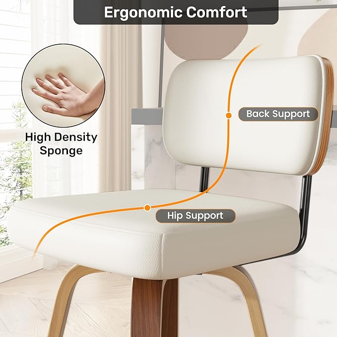 Swivel Bar Stools Set of 4, 26" Faux Leather Upholstered Counter Height Barstools with Back & Bentwood Legs, Mid Century Modern Bar Chairs Island Stools for Kitchen Counter, Cream White