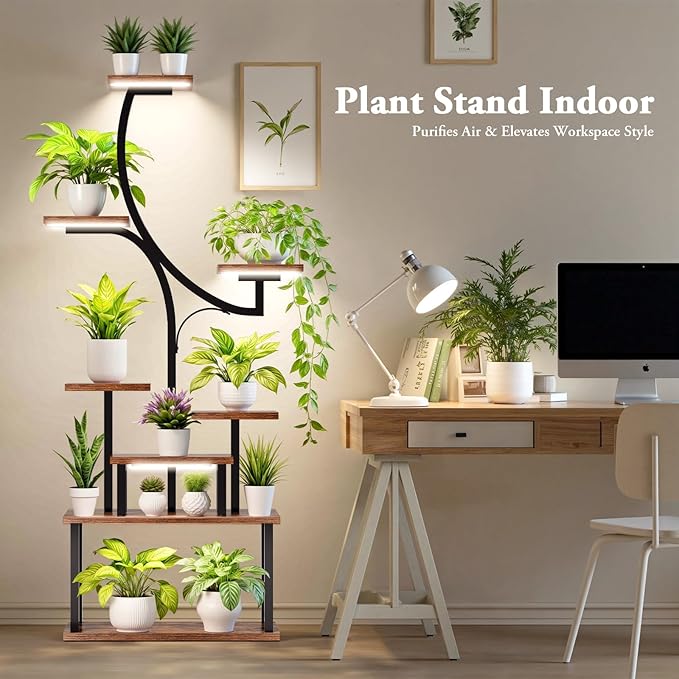 softeen Plant Stand Indoor with 4 Grow Lights & 3 Colors, 8 Tiered Corner Plant Shelf, 63" Tall Plant Stands for Indoor Plants Multiple, Metal Flower Display Shelves Holder for Home(Dark Black)