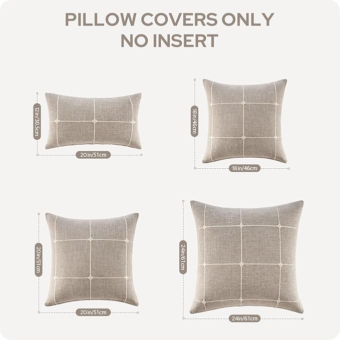 HOMEIDEAS Decorative Plaid Throw Pillow Covers 20x20 Set of 2, Tan Farmhouse Pillow Covers, Neutral Faux Linen Cushion Covers for Couch Sofa Bed Home Decor