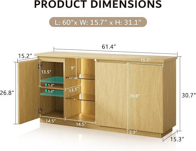 iPormis Sideboard Buffet Cabinet with Storage & LED Lights, Credenza Sideboard with Doors and Adjustable Shelves, 60" Coffee Bar Table Storage Cabinet for Dining Room Kitchen Living Room, Natural