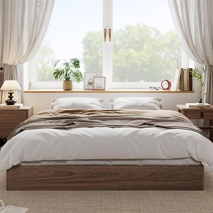 Full Size Solid Wood Platform Bed with Sturdy Wooden Slats, Floor-Standing Bed Frame, Modern Minimalist Design Space-Saving Bed Frame, No Box Spring Needed, Space Saver, Easy Assembly, Walnut Wood