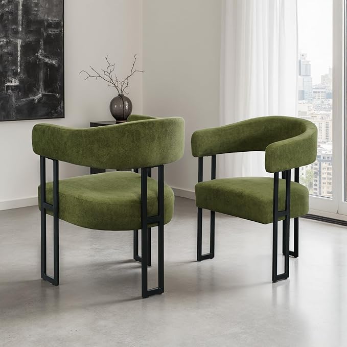 SIMTONAL Mid-Century Modern Dining Chairs Set of 2, Armrest Barrel Dining Chairs Side Accent Chairs with Curved Back, Upholstered Armchairs for Kitchen, Soft Teddy Fleece Surface, Green
