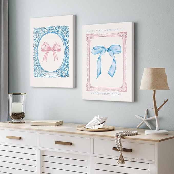 Preppy Bow Wall Art Decor Set of 2 Coquette Canvas Wall Decor Aesthetic Pictures Trendy Girly Wall Art Pink Blue Bow Prints Christian Bible Verse Poster for Bedroom Living Room 12x16 Inch Framed