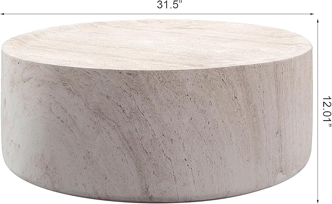WILLIAMSPACE 31.5" Round Coffee Table in Faux Marble, Modern Circle Faux Stone Center Table Travertine Drum Tea Table for Living Room, Outdoor, Magnesium Oxide, Light Beige