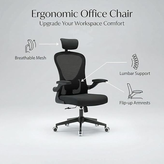 Office Chair with Adjustable Lumbar Support & Flip-Up Armrests -Ergonomic High Back Computer Desk Chair with Thickened Seat Cushion, Rolling Wheels for Home/Office Study Work (02H-Black)