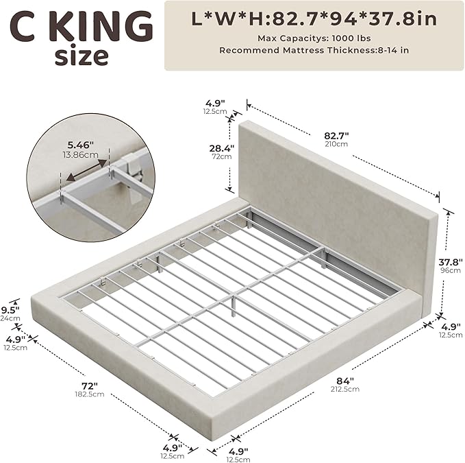 RECCI AirFrame California King Bed Frame with Headboard, Cloud Upholstered Platform Bed Frame, 5 Inch Foam Cushioned, No Box Spring, Easy Assembly(Beige Chenille)
