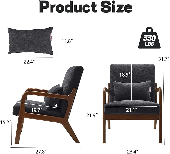 Achicsofar Accent Chair Mid Century Modern Armchair with Lumbar Support Pillow Wood Legs PU Leather Upholstered Lounge Chairs Comfy High Back Cushion for Living Room Bedroom
