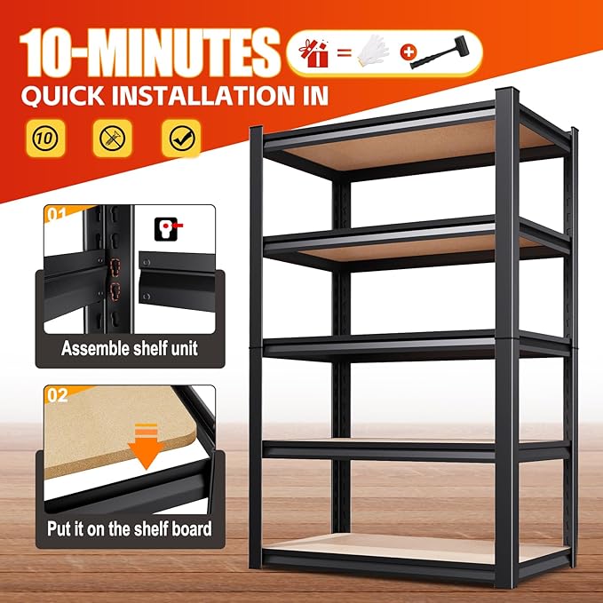 Set of 3 78"H Garage Shelving-2050 lbs 5 Tier Storage Shelves,Adjustable Heavy Duty Metal Shelving Unit and Storage Large Rack,Utility Steel Shelf for Warehouse Industrial Pantry 78"x46"x20",Black