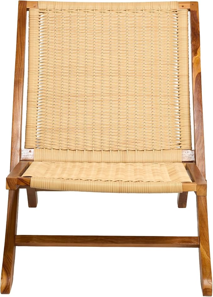 TeakCraft Teak Rattan Lounge Chair – Foldable, Handcrafted Solid Wood Accent Chair with Woven Seat – Mid-Century Modern Recliner for Indoor & Outdoor Use, The Ediz