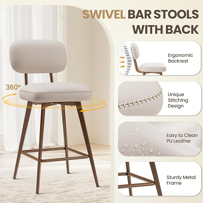 MALOL 26“ PU Leather Swivel Bar Stools Set of 3, Mid Century Counter Height Bar Chairs with Low Back and Metal Legs, Modern Bar Stool Chair for Kitchen Island, Beige