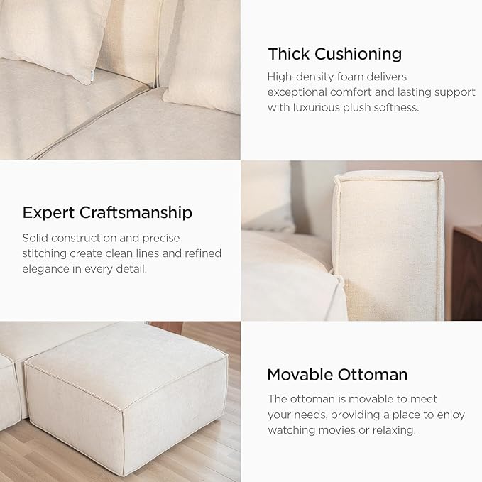 Acanva Luxury Modular Sectional Living Room Sofa Set, Modern Minimalist Style Couch with Ottoman and Chaise, L-Shape, Linen-Like Cream