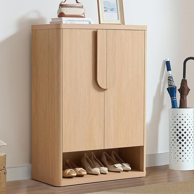 Shoe Cabinet 44" Tall Large Shoe Storage Organizer Modern Shoe Rack with Doors & 4 Shelves Minimalist Freestanding 5-Tier Shoe Storage Cabinet for Entryway Hallway Living Room, Natural, 1PC