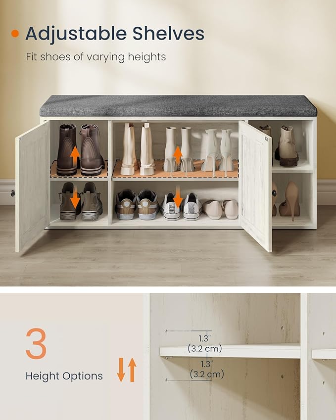 SONGMICS HOME Shoe Storage Bench, Superfast Toolless Assembly, Shoe Rack Cabinet with Door & Adjustable Shelf for Entryway/Living Room, 14 x 40.2 x 17.3 Inches, Rustic White and Slate Gray