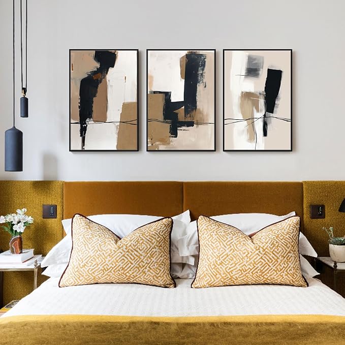 SAFERRYHOME Neutral Abstract Wall Art Tan and Black Framed Canvas Print Set, Mid-Century Modern Brown Minimalist Shapes for Living Room, Bedroom, Office - Ready to Hang - Set of 3, 16x24 Inch