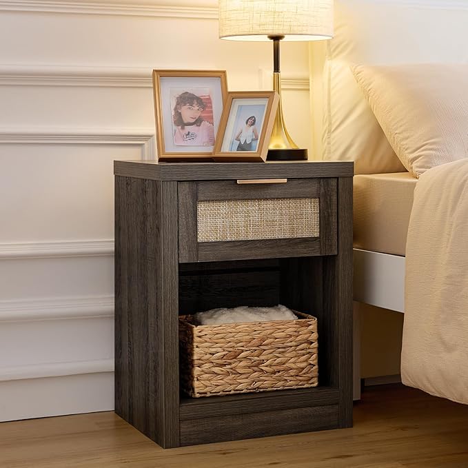 Walsham Night Stand Set 2, Rattan Nightstand with Charging Station, Modern End Table with Drawers, Bed Side Tables Set of 2 for Bedroom Living Room Sofa Couch Office (Midnight Oak)