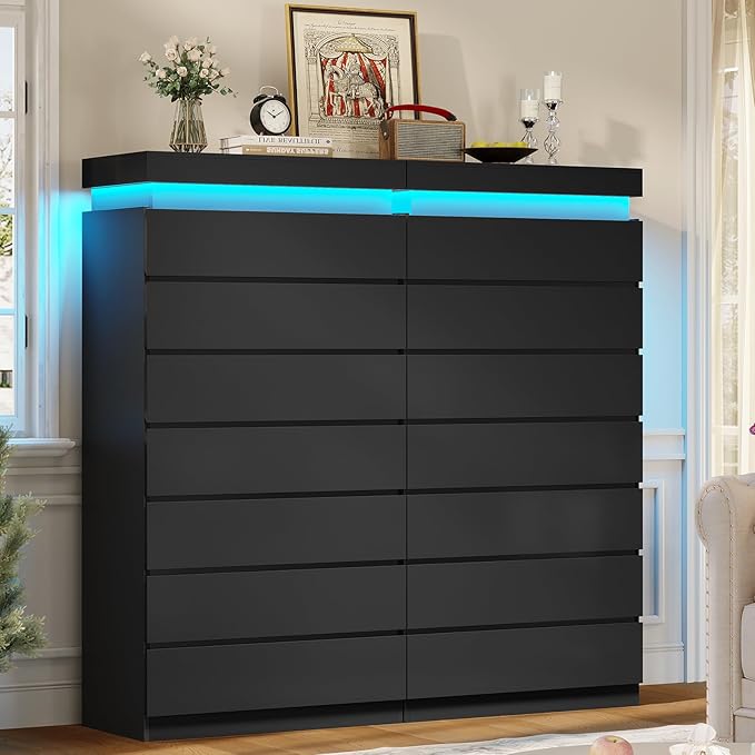 HAUOMS Tall 7 Drawer Dresser with LED Light, Black Modern Chest of Drawers for Bedroom,Closet Dressers with Drawers for Living Room, Entryway, Hallway